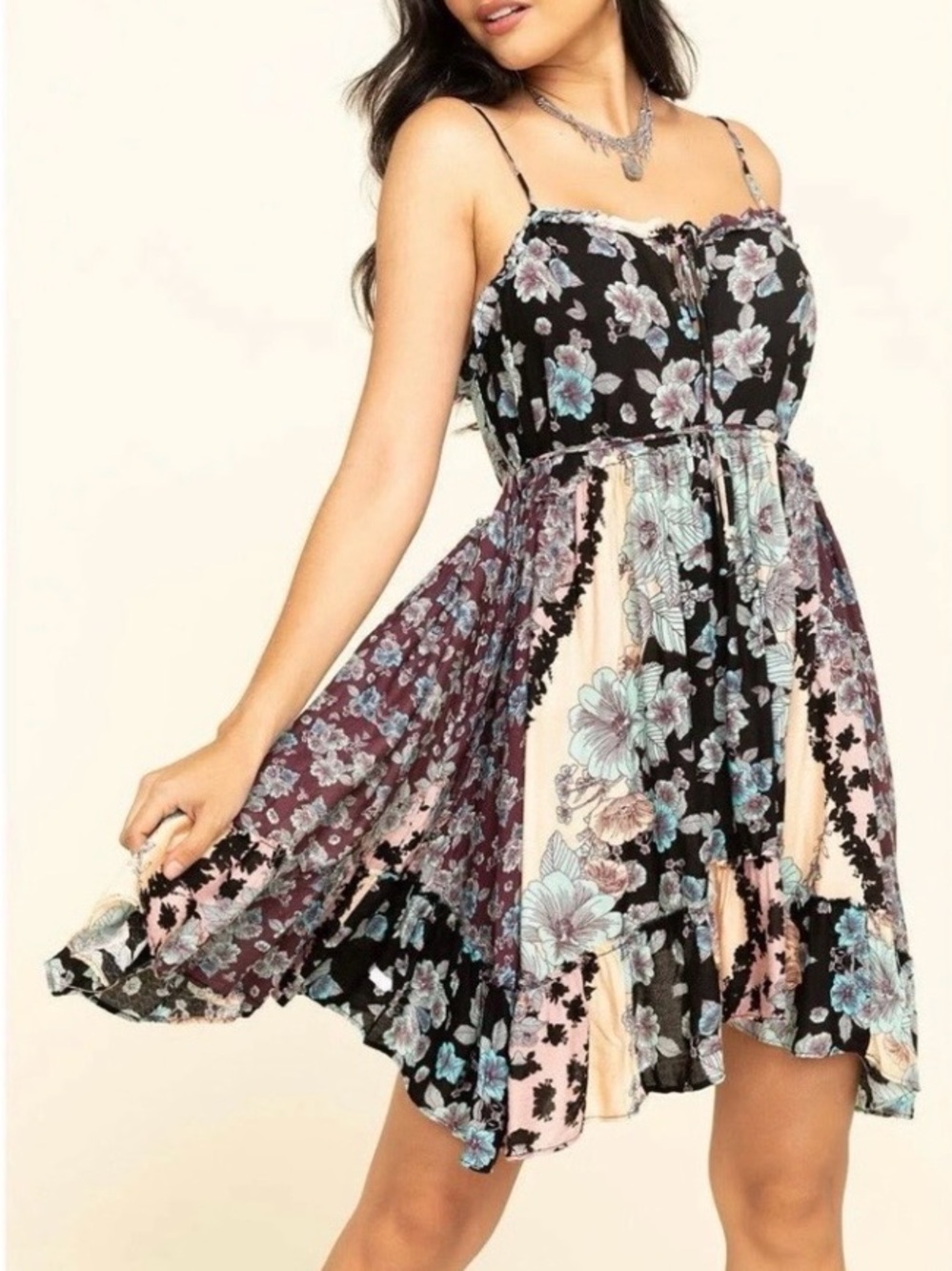 Intimately FREE PEOPLE Flowy Floral Spaghetti-Strap High-Low Dress - Black, Sz M